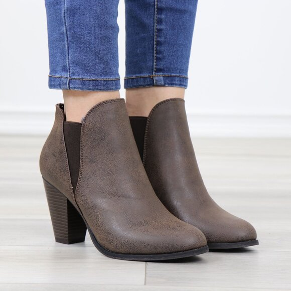 Chelsea Cone High Heel Ankle Boots Brown Synthetic Leather Pointed Toe - Picture 6 of 14